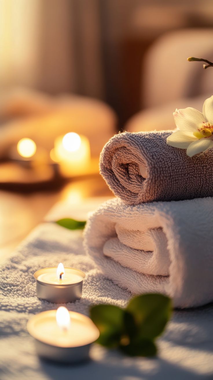 Spa ambience — rolled towels, orchid and candles